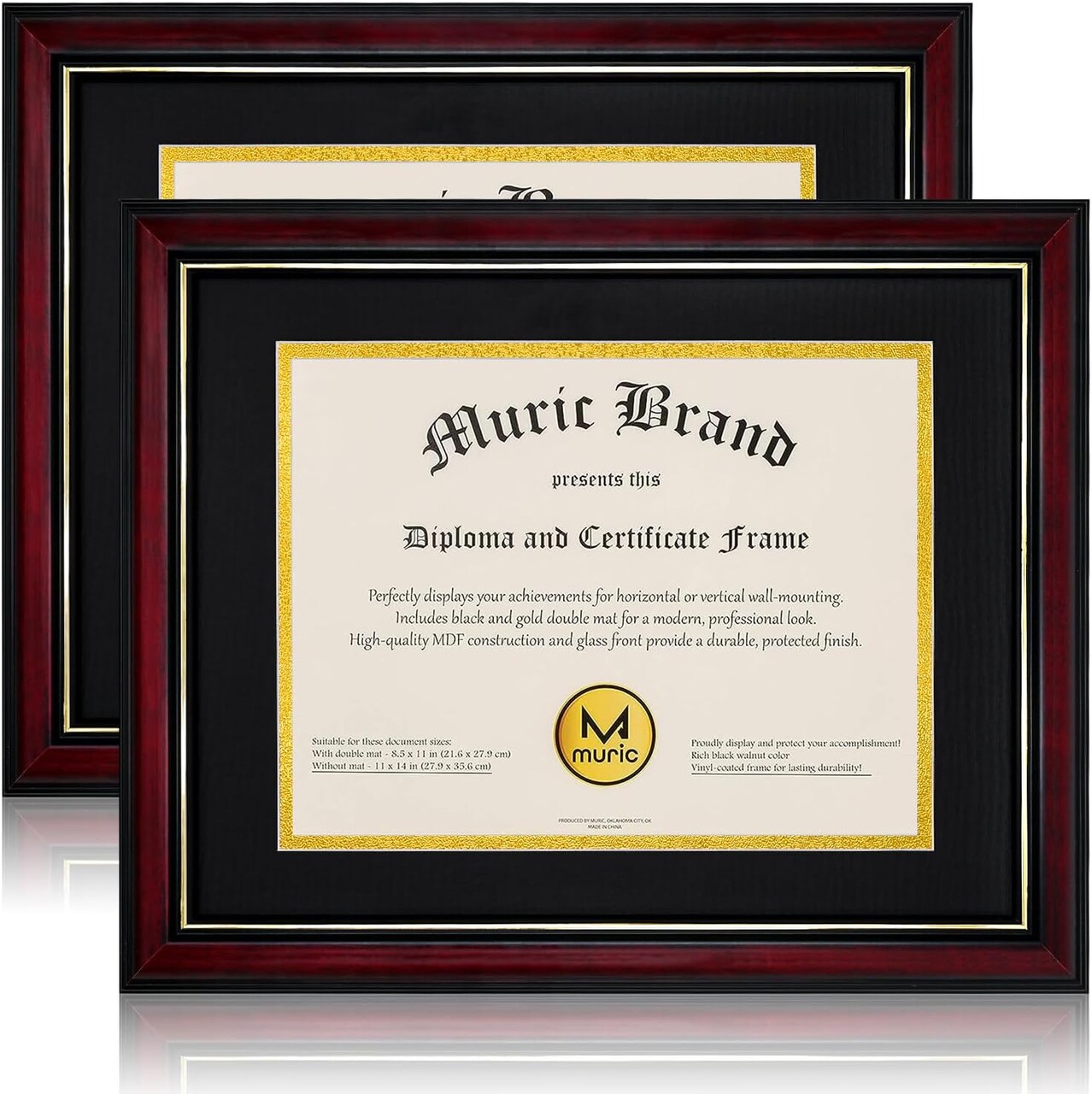 Diploma Frames 8.5x11 with Mat – Set of 2 Solid Wood Certificate Frames with Plexiglass, Cherry Red with Gold Edge, 11x14 Without Mat, Wall & Tabletop Display